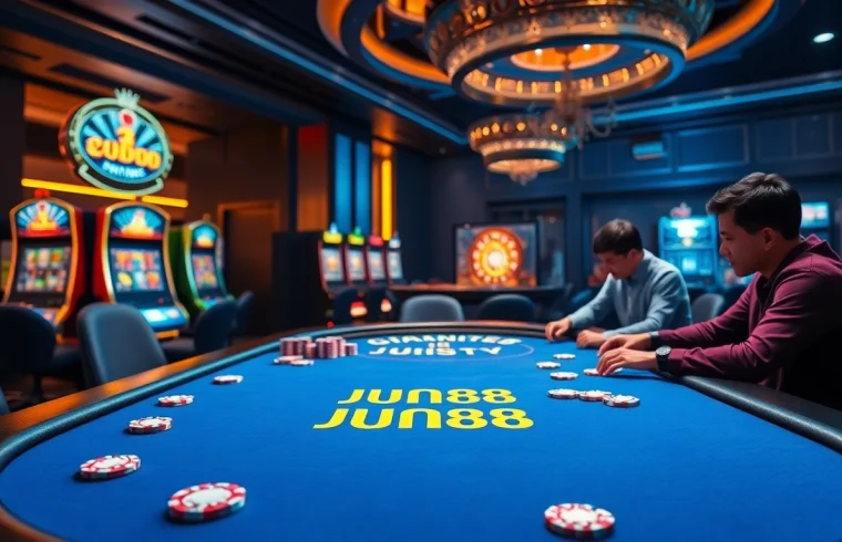A lively scene showcasing Jun88 phiên bản 1 with active players at a poker table and slot machines.