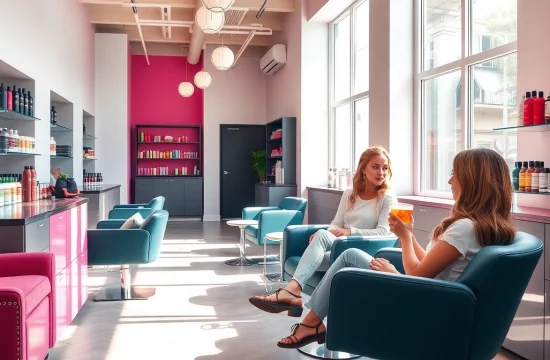 Stylish interior of Addendum Salon showcasing vibrant hair styling and professional ambiance.