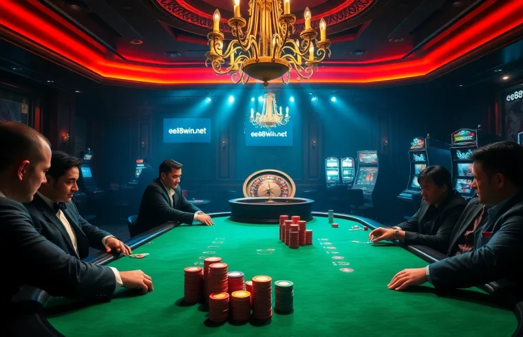 Join the exciting high-stakes poker game at ee88win.net, showcasing vibrant chips and a roulette wheel.