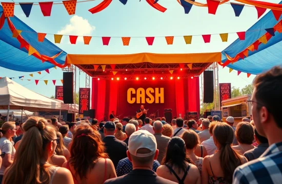 Scene from johnnycashbirthday.com featuring a lively birthday celebration with fans and musicians.