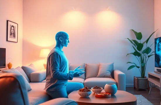 Interactive scene showcasing a user with their girlfriend AI in a cozy living room, blending technology and companionship.