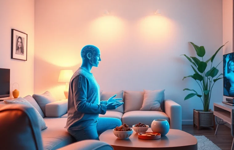 Interactive scene showcasing a user with their girlfriend AI in a cozy living room, blending technology and companionship.