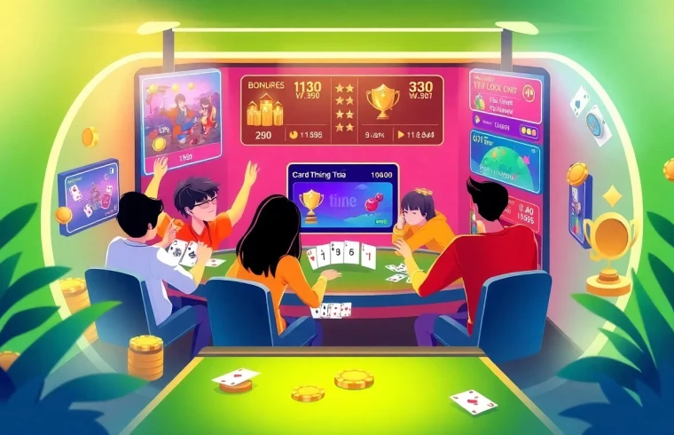 Exciting online gaming scene showcasing topgamebaidoithuong.mx with players enjoying card games and rewards.