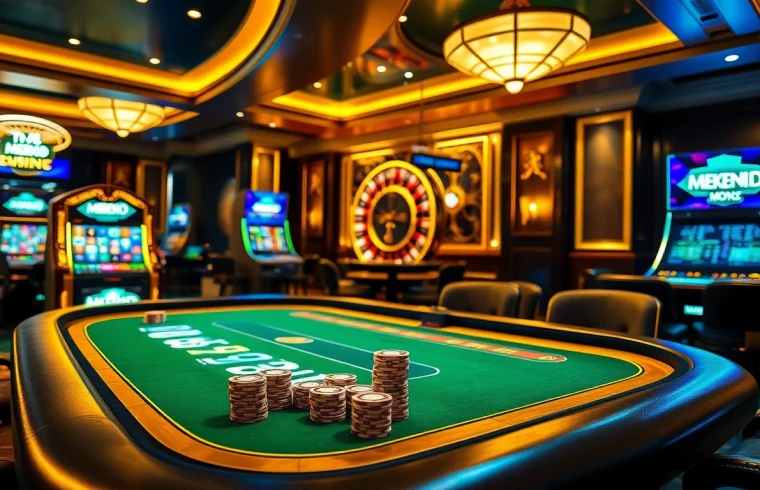 Experience the excitement at mb66.nyc with a luxurious casino scene showcasing poker tables and slot machines.
