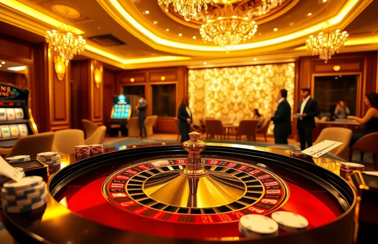 Experience the excitement at dom88.us.com with a vibrant casino scene showcasing roulette and poker.