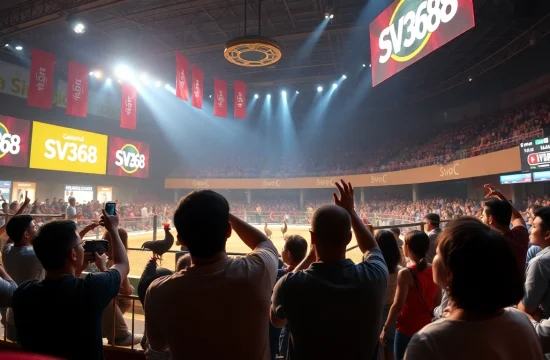 Live cockfighting action at SV368, showcasing thrilling matches and excited spectators.