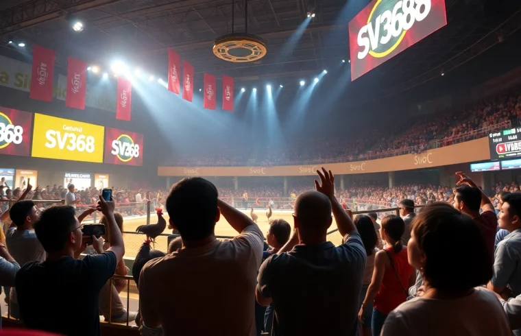 Live cockfighting action at SV368, showcasing thrilling matches and excited spectators.