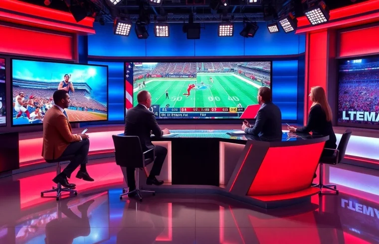 Engaging scene of Sports Broadcasting anchors highlighting live sports events in a vibrant studio.