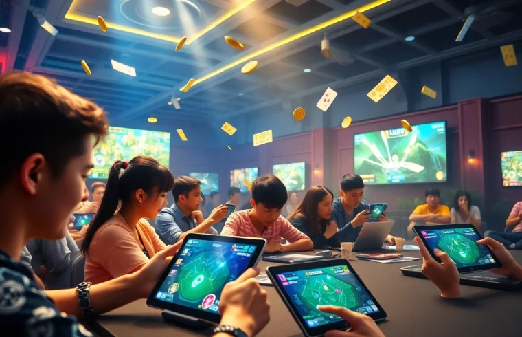 Vibrant online gaming scene showcasing card games at gamebaidoithuong.com.vc with engaging graphics and rewards.